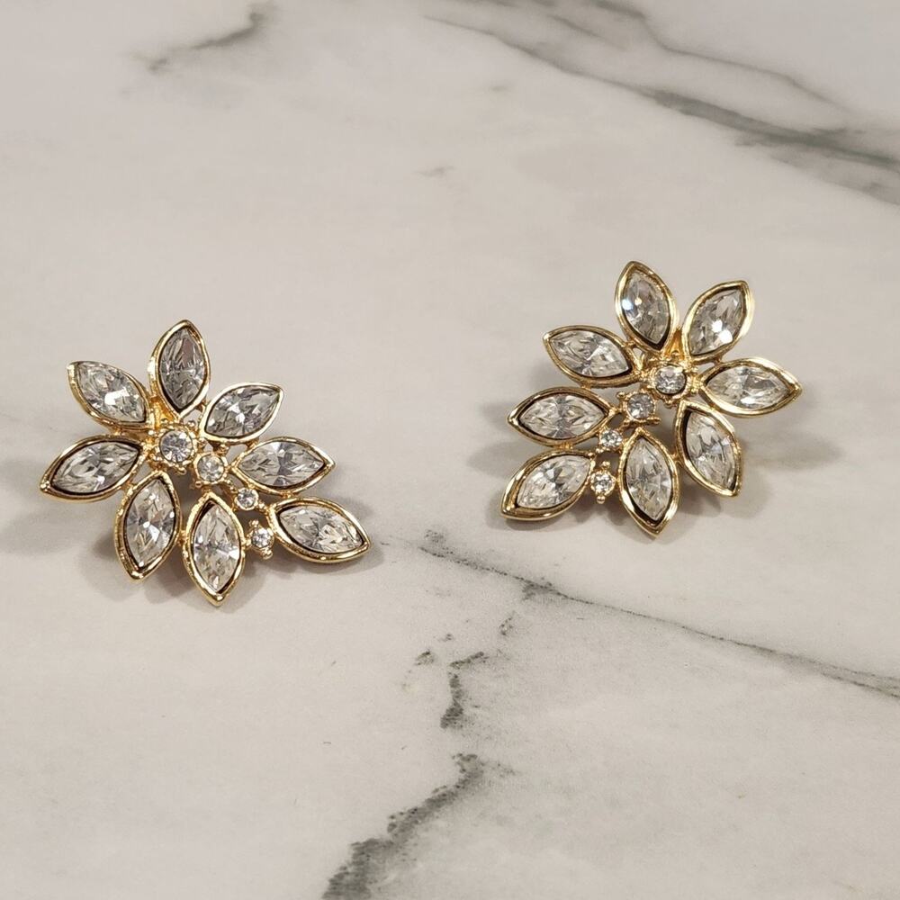 Vintage Gold Tone Rhinestone Cluster Statement Earrings Prom Glam - Picture 5 of 8